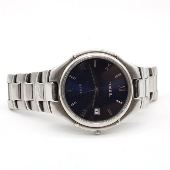Vintage Fossil Steel Watch Mens Blue Dial Date Analog 36mm FS2701 Stainless Stee - Picture 5 of 8